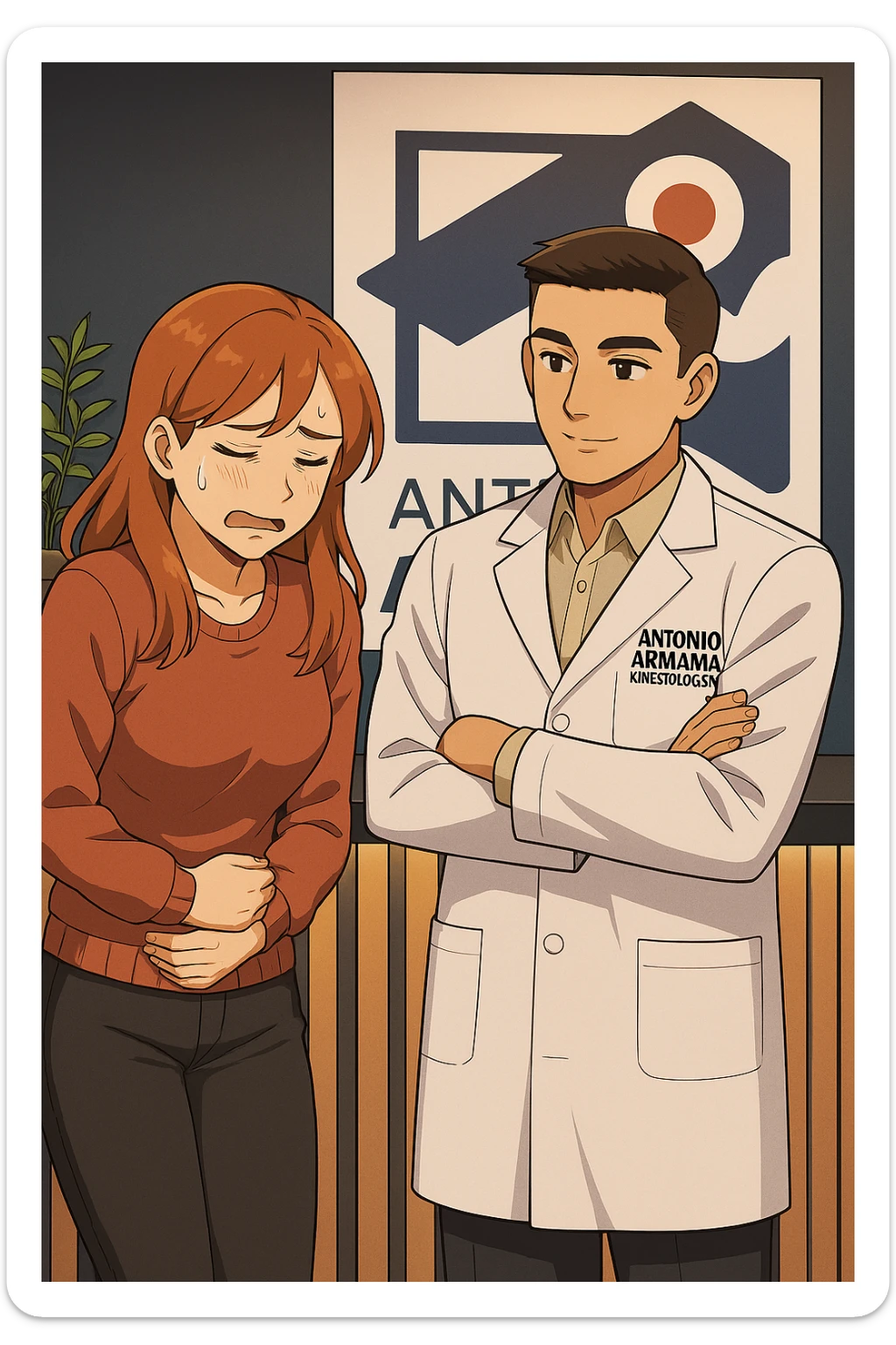 su questo stile fai un manga/webtoon a colori in cui una donna si lamenta che sta male e ha mal di pancia, l'uomo della foto in stile manga gli risponde, mantieni un ambiente simile alla foto che ho allegato con il suo logo (sarebbe il suo studio, lui è un kinesiologo), scrivigli "ANTONIO ANANIA" sul camice bianco, non mettere fumetti, ma fai in modo che sembri che la donna chiede una cosa e l'uomo risponde alla sua domanda sticker