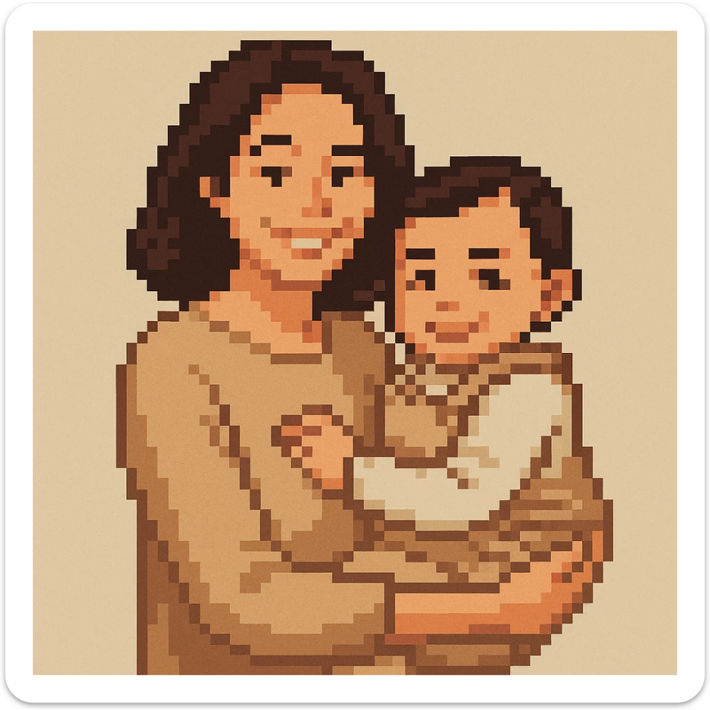 A happy mother with a child in beige clothes in different poses, pixel art style sticker