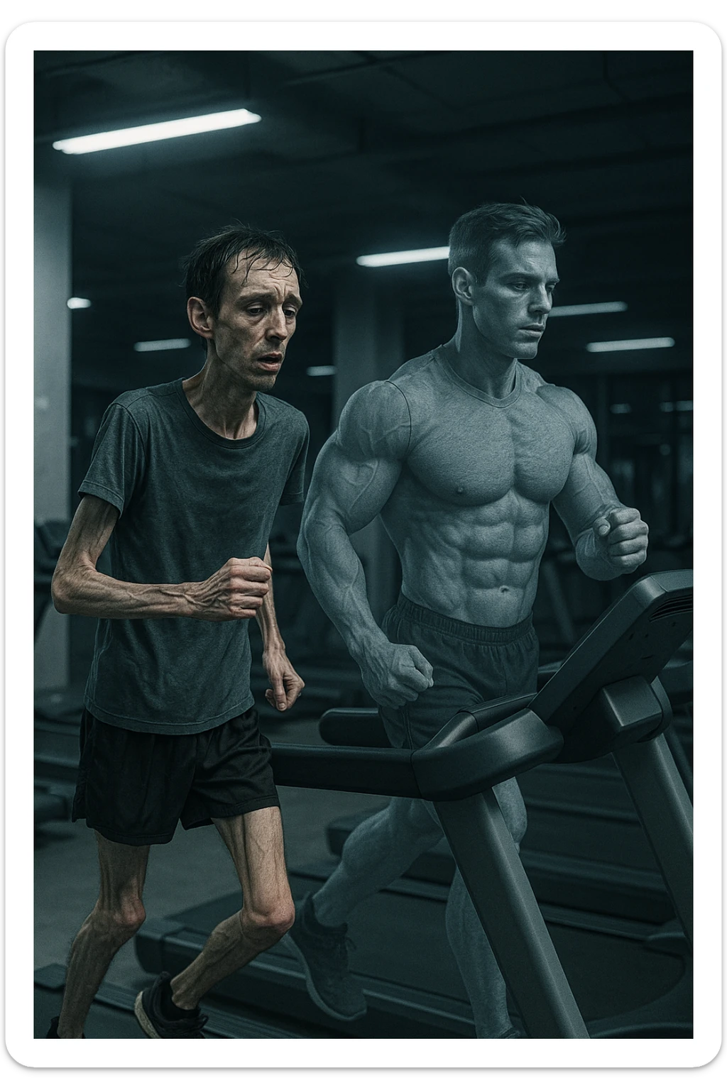 Uomo magro e affaticato che corre su tapis roulant in una palestra. I muscoli delle braccia e delle gambe appaiono ridotti e svuotati, come se stesse perdendo massa muscolare. Espressione stanca sul volto, con accanto una figura trasparente di sé stesso più muscolosa a confronto. Luci fredde e atmosfera di sovrallenamento. in italiano sticker