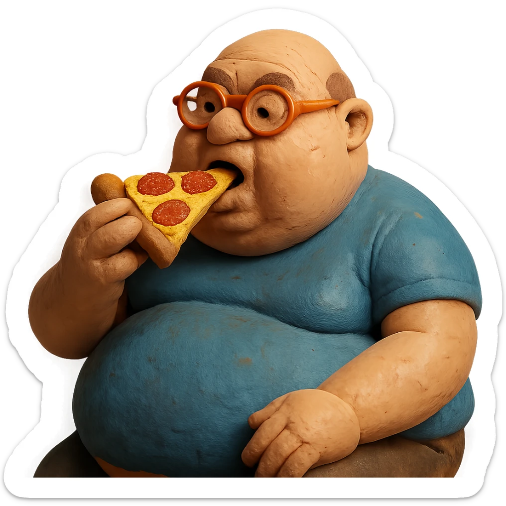 claymation style of a very fat bald man with glasses eating pizza sticker