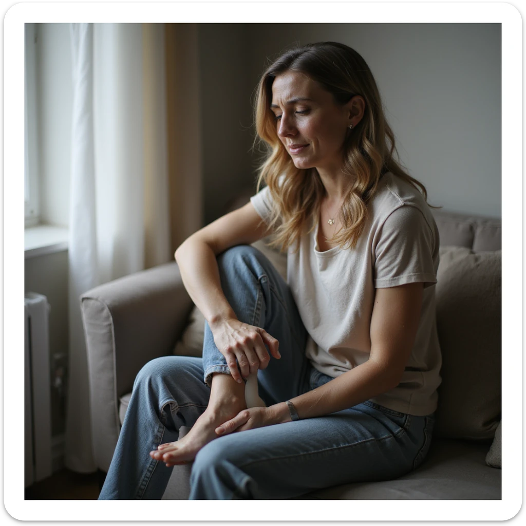 realistic 4K woman sitting on a bench, putting an orthotic insole into her shoe, showing relief expression, then massaging her foot with slight discomfort sticker