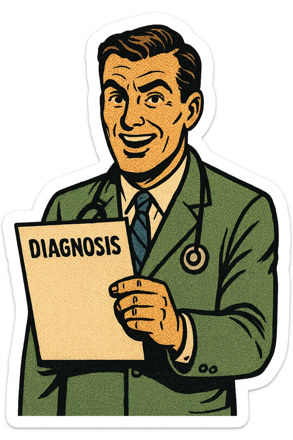 A doctor standing up holding a sheet of paper with the word diagnosis on it sticker