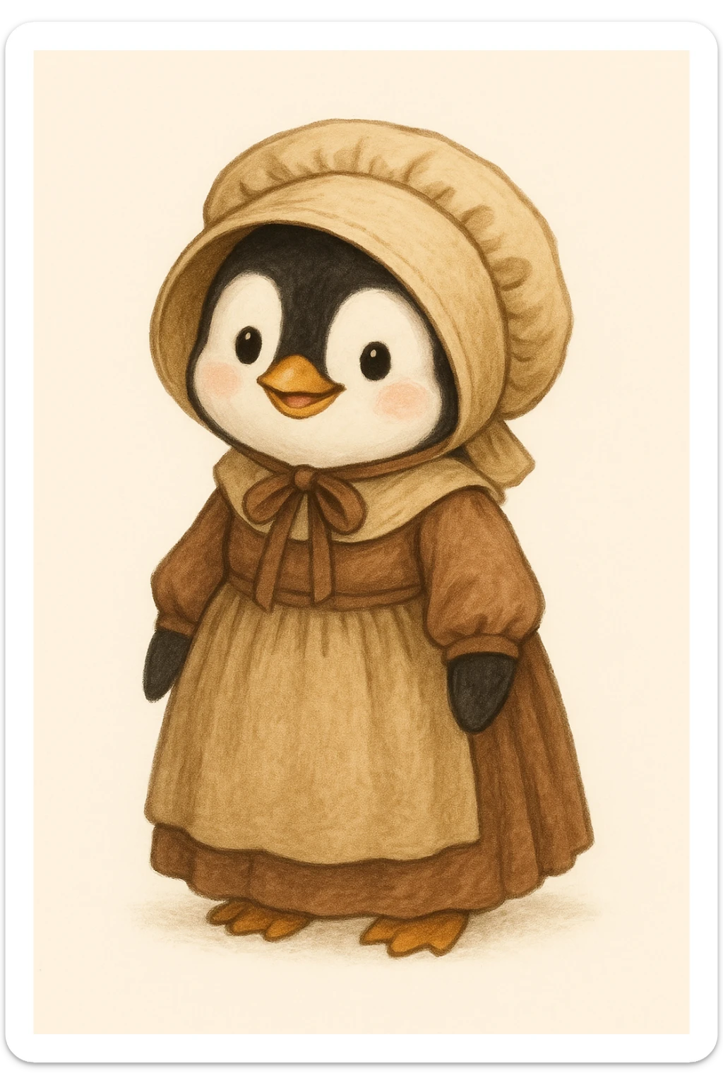 a cute penguin in pioneer clothes, with a bonnet and long dress, smiling, clean background sticker