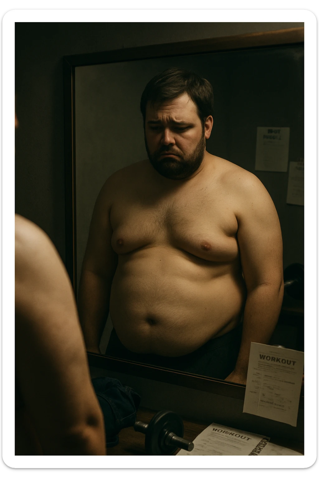 Overweight man in his 30s standing shirtless in front of a mirror, looking disappointed and unhappy. His body shows signs of failed body recomposition: excess fat, no visible muscle gain. Dim lighting, somber mood. The mirror reflects both his physical state and emotional frustration. Messy gym gear and diet plans scattered in the background, symbolizing efforts that didn’t work. Expression: frustration, sadness, self-reflection sticker