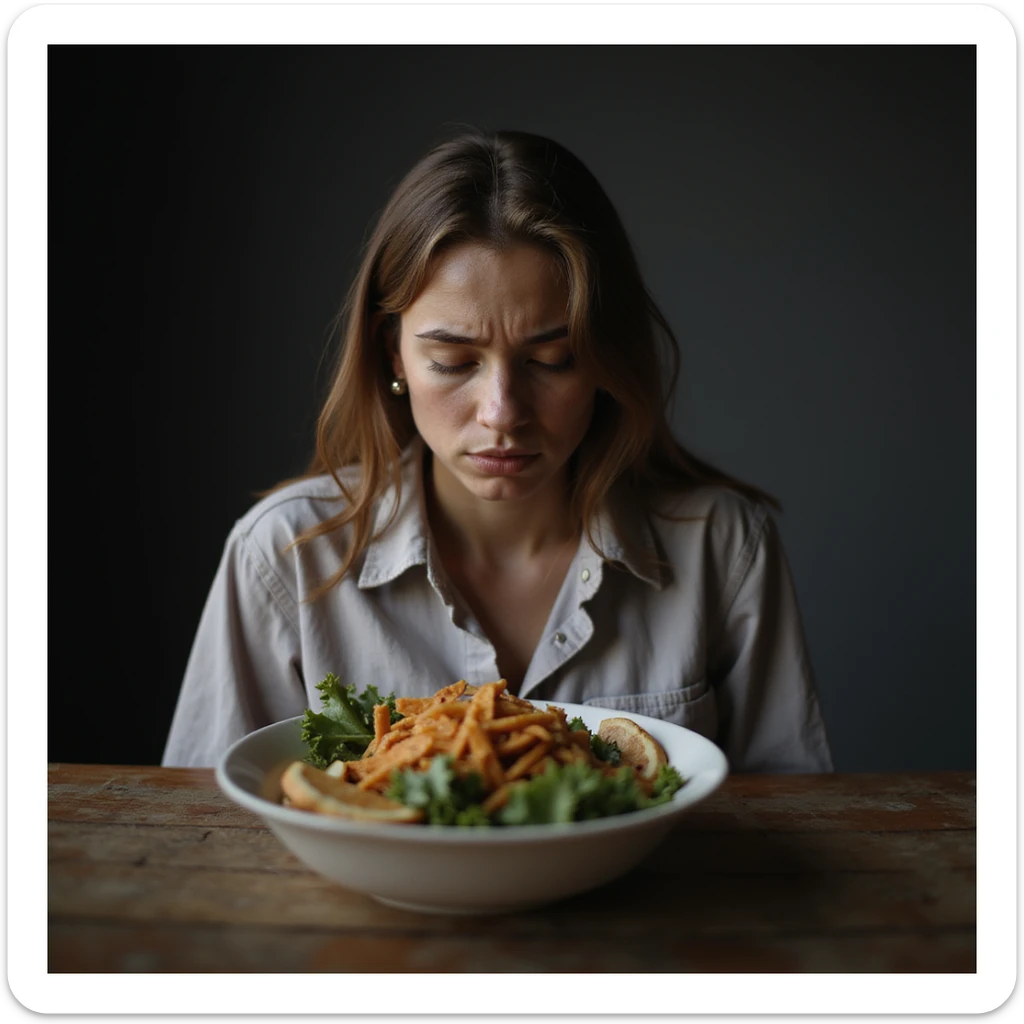 donna triste che mangia insalata, espressione triste, iperrealismo 4K, variazione 2 sticker