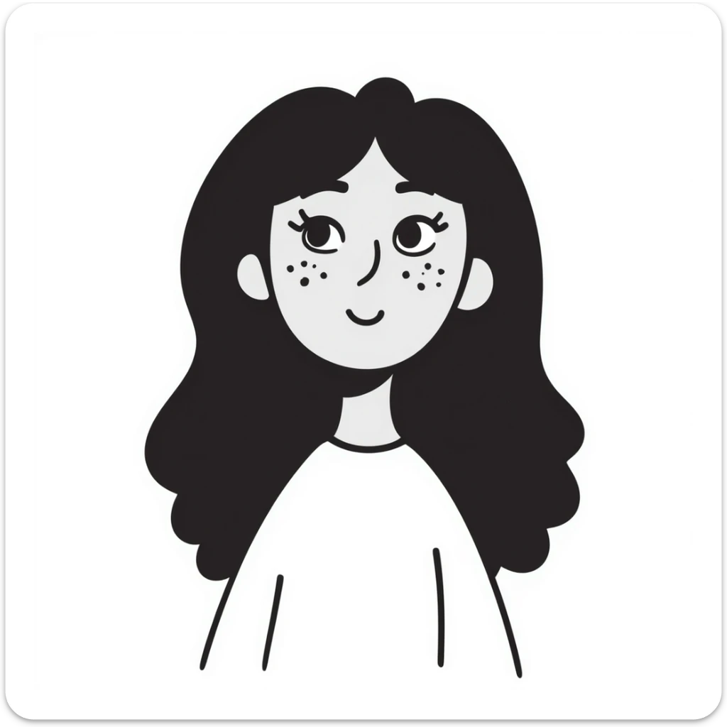 adolescent girl with long wavy hair, freckles, long eyelashes, white top sticker