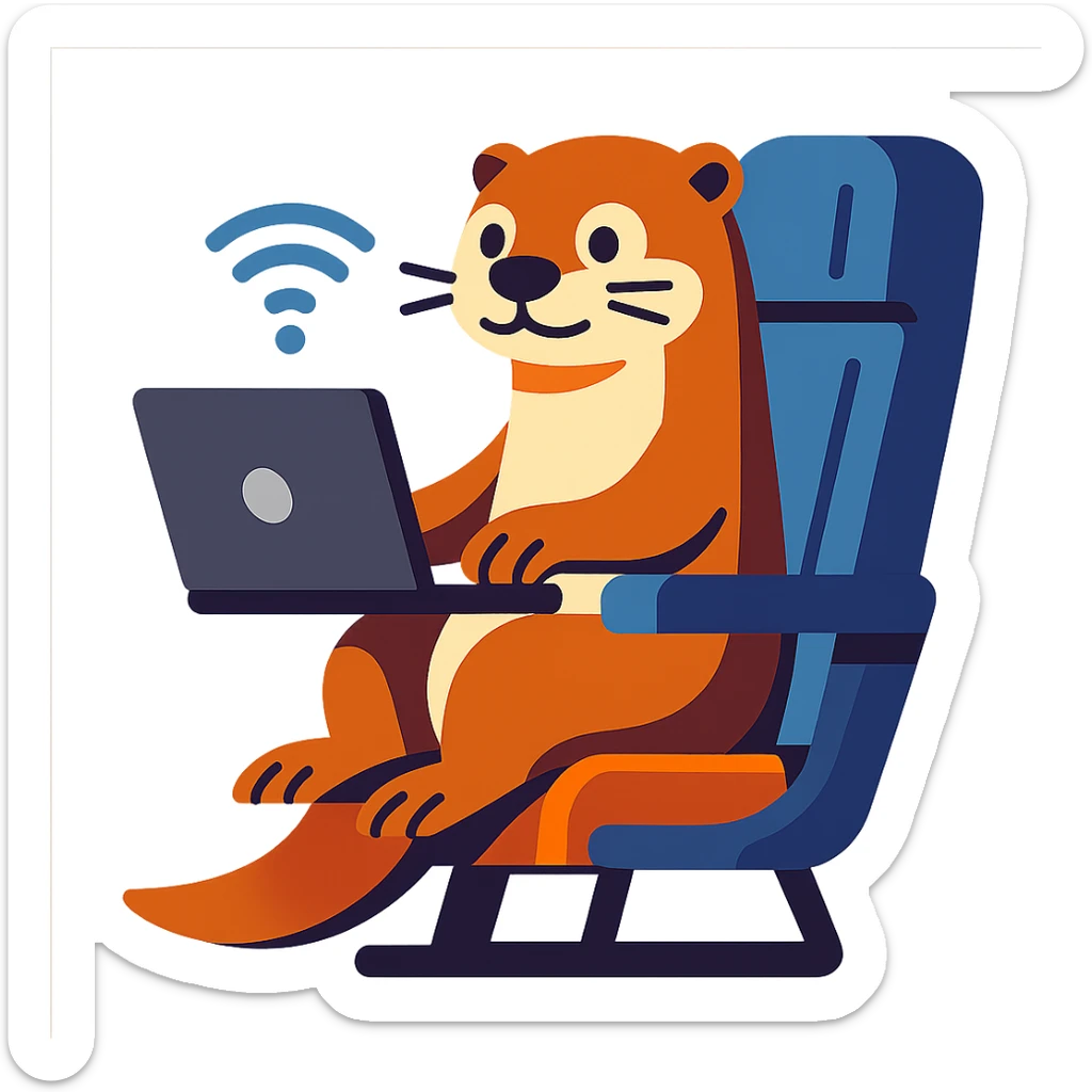 otter with laptop connected to wifi sitting on an airplane seat, vibrant toon style sticker