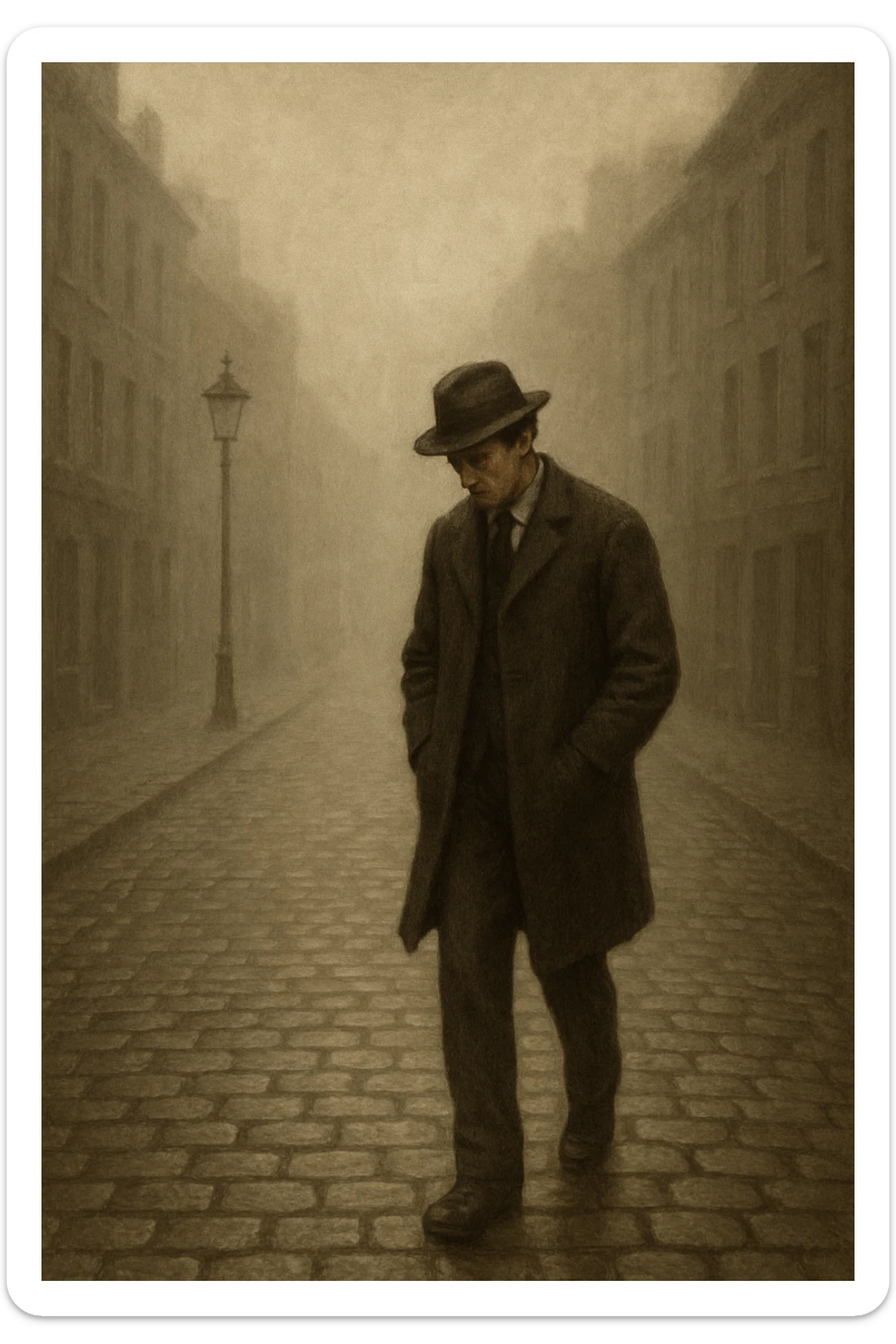 a solitary man in early 20th century attire, walking down a foggy cobblestone street, lost in thought, philosophical mood, muted colors sticker