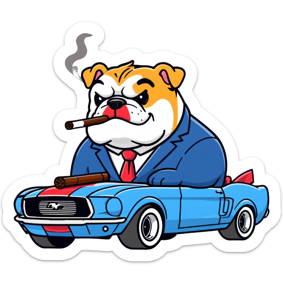 Big fat bulldog driving a Mustang GT500 smoking a big fat cigar with long shaggy head wearing a suit nice and funky sticker