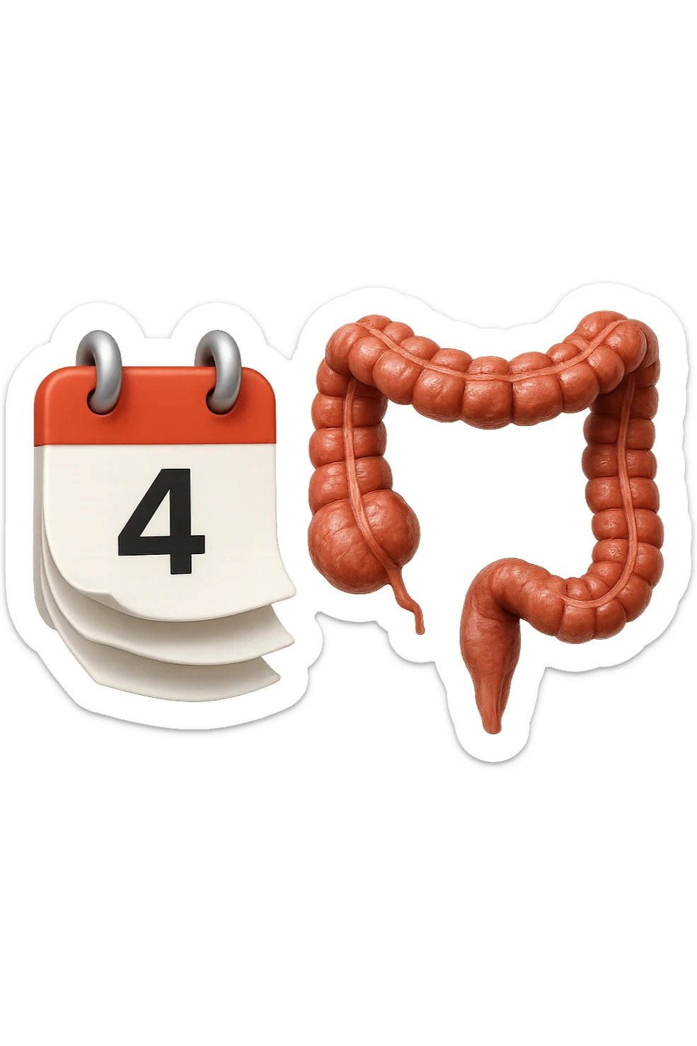 emoji stile iphone di un calendario con fogli che volano insieme a pezzi anatomici di colon umano, iperrealistico 4k, isolato su sfondo bianco sticker