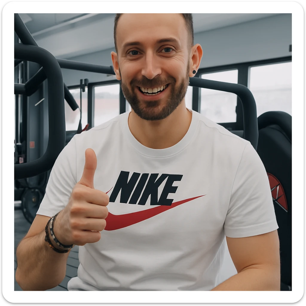 The man in the photo is making the OK gesture with his thumb up and smiling, in a gym environment, photorealistic style. sticker
