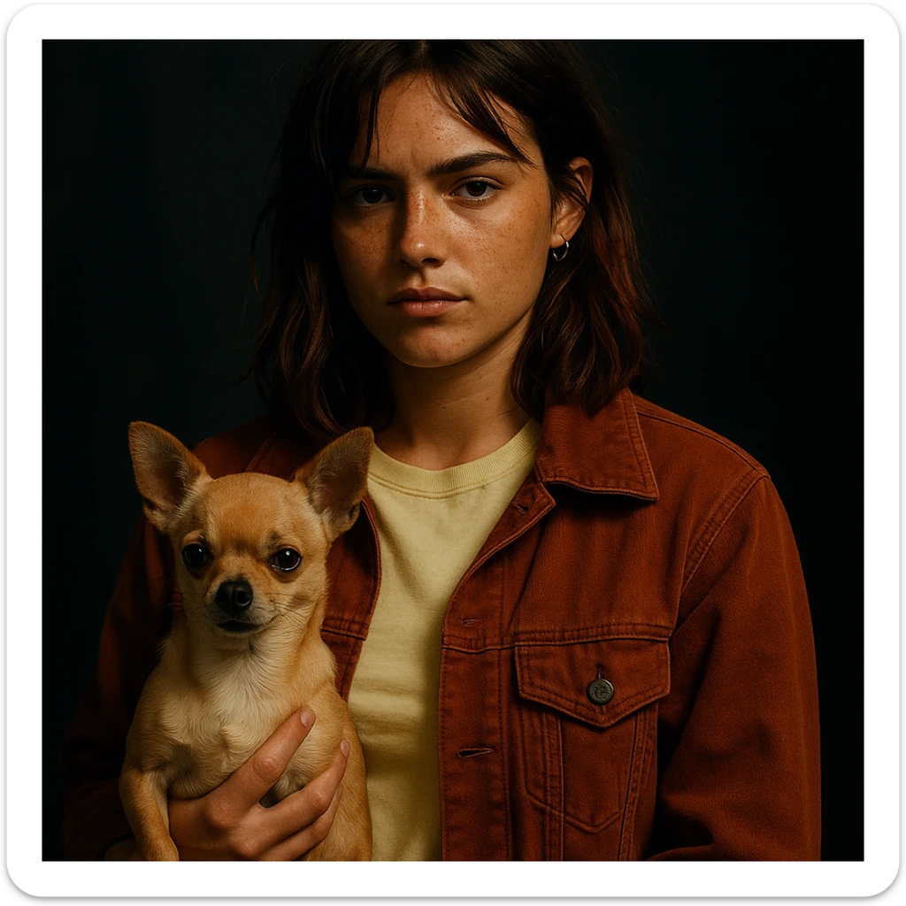Netflix series style, rebellious woman, tanned skin, freckles, pale yellow shirt #FFF8CA, rust jacket, medium-length brown auburn hair, holding beige-brown chihuahua, dark background sticker