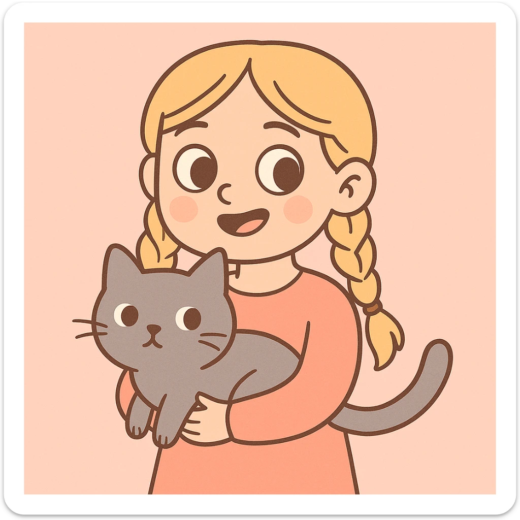 Change the girl's hairstyle to two braids, keep long blond hair, brown eyes, and a grey cat, in a soft pastel cartoon style with gentle colors and smooth shading. sticker