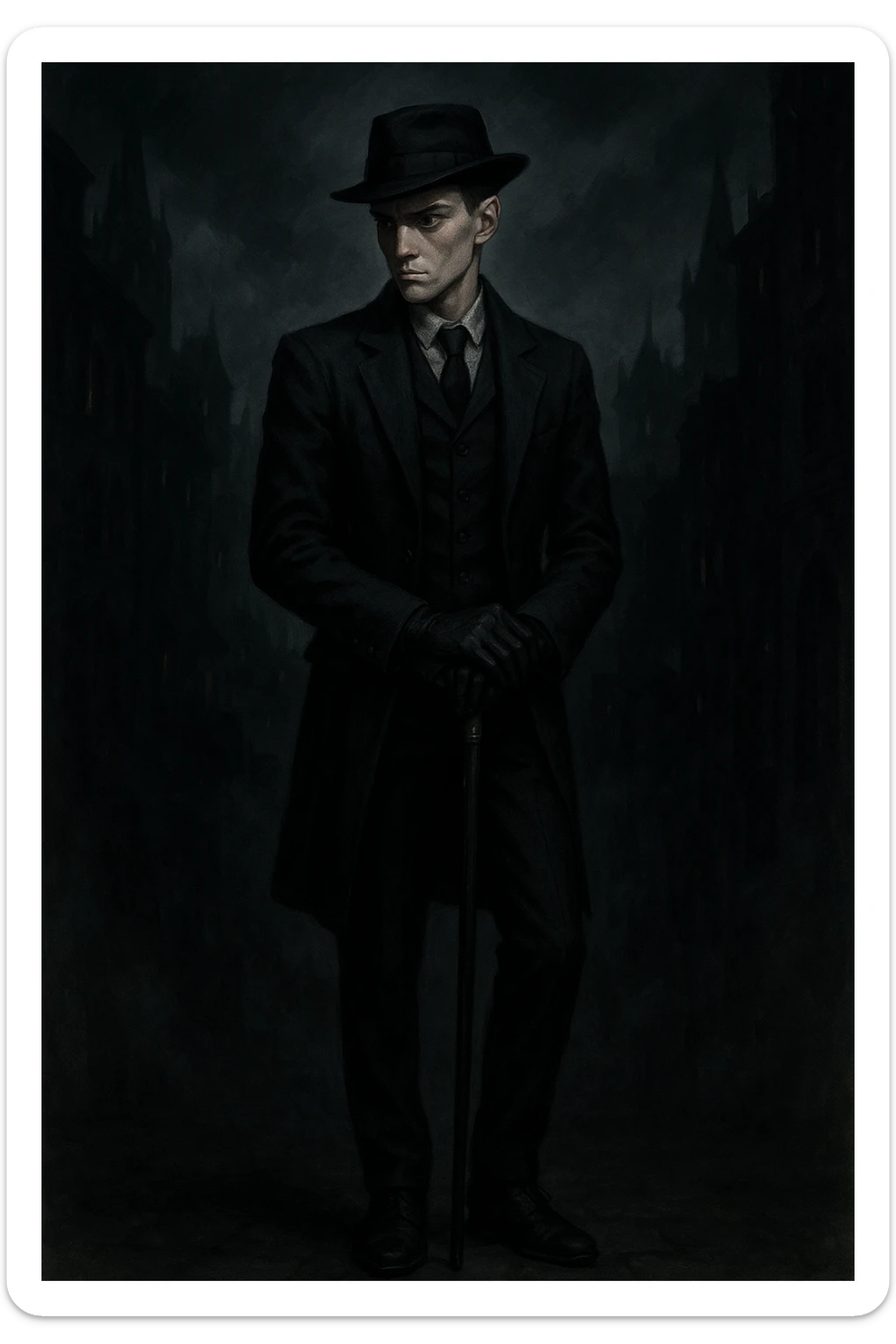Kaz Brekker from Six of Crows, full body, leaning on cane, black gloves, dark tailored suit, shadowy city background sticker