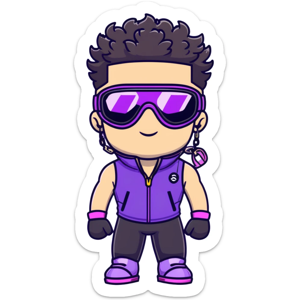 male athlete with white skin and moderately curly black hair on top with shaved sides, wearing ski goggles with purple frames and very dark black lenses, a simple plain black chain necklace, and a completely unzipped sleeveless vest with purple and black sequin fire pattern design, fully revealing his chest, shoulders and arms, no earrings sticker