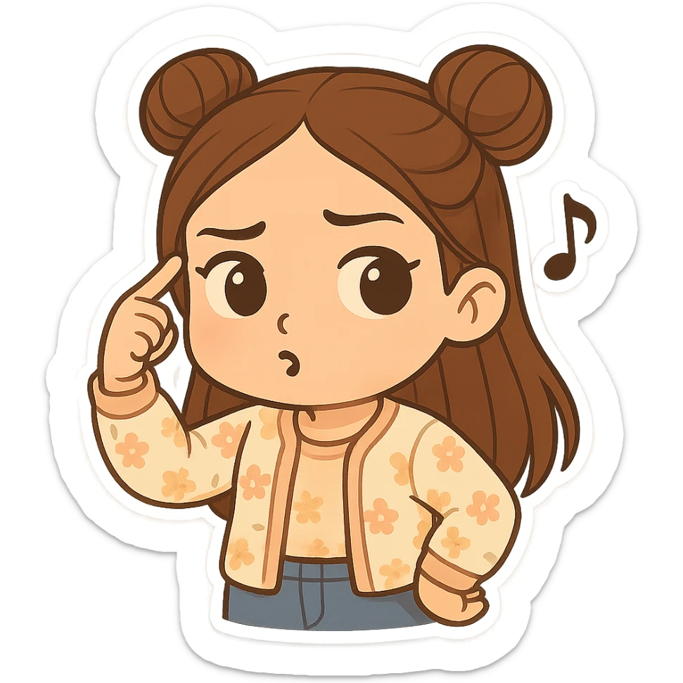 Create a chibi sticker of the same girl, twirling her finger at her temple and whistling as if saying 'what a fool'. She has brown straight hair in double buns, brown eyes, wearing a pastel floral cardigan and jeans. The sticker should have a white outline and transparent background, 512x512px. sticker