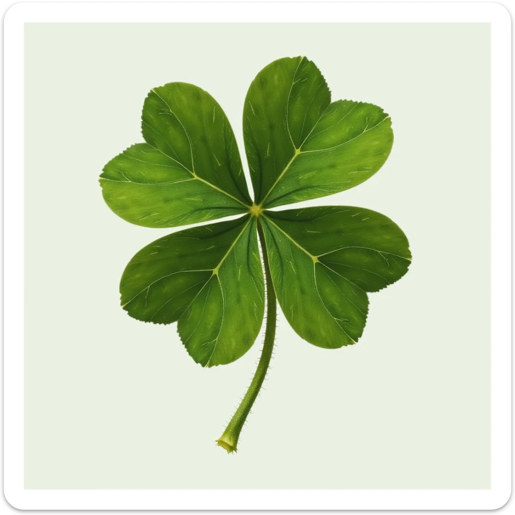 a realistic green four-leaf clover, natural details, photorealistic, close-up, fresh look, botanical illustration style sticker