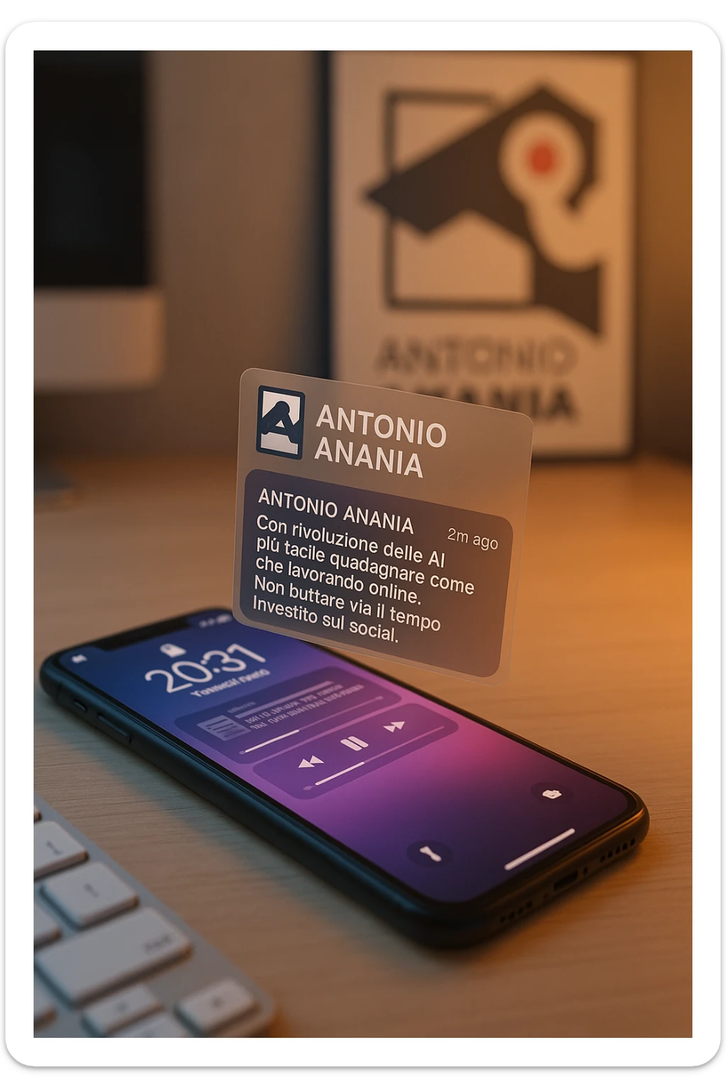 A photo of an iPhone with the message "Antonio Anania" on its scree, both surrounded by soft light and shadow. The phone sits atop a desk with a blurred background that suggests work environment. A faint glow from above casts gentle shadows across the surface of each object, creating depth and highlighting their textures. sticker