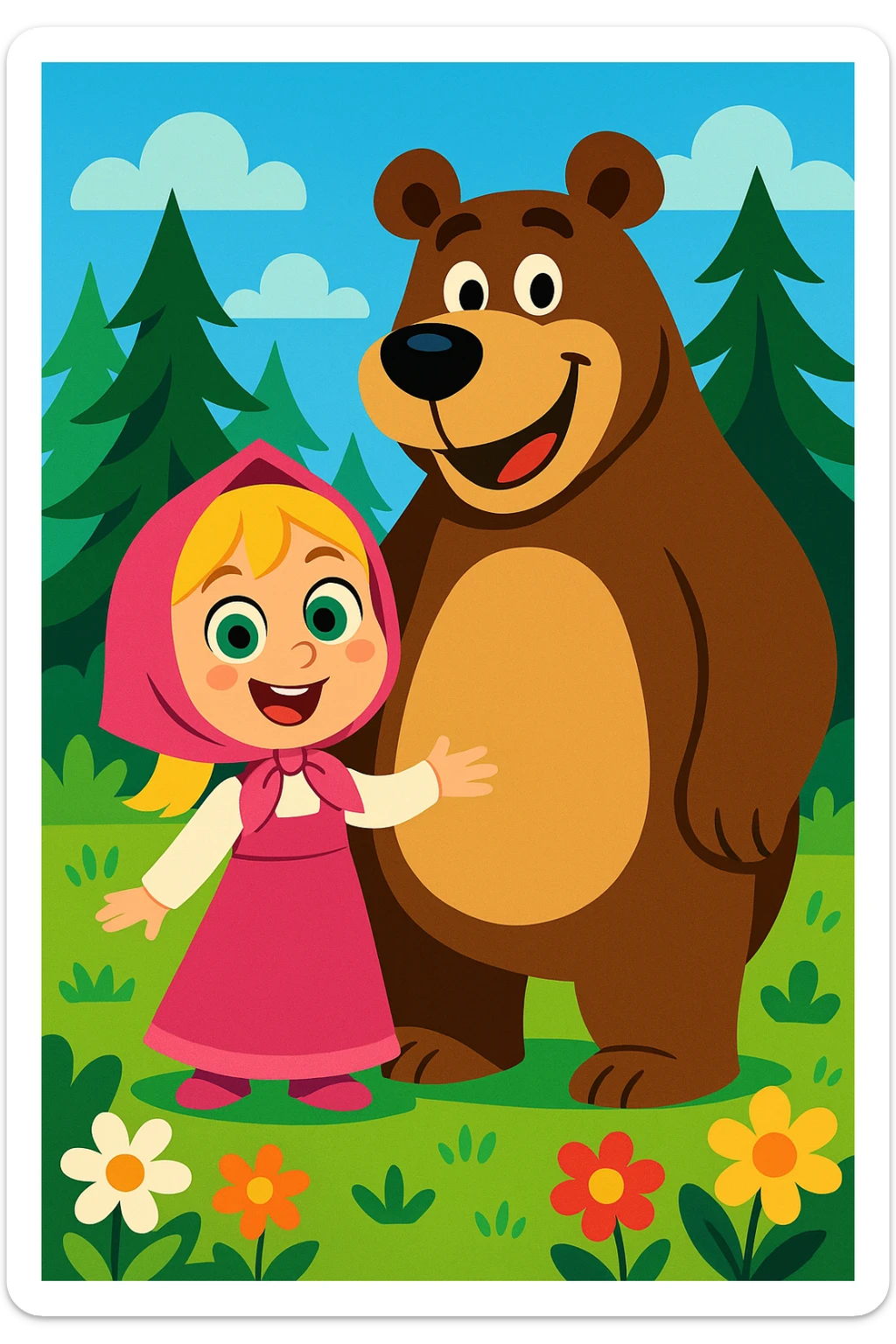 cheerful little girl with big green eyes and blonde hair, wearing a pink dress and headscarf, standing next to a large friendly brown bear, both smiling in a vibrant cartoon forest with tall pines and flowers, bright and clean background sticker