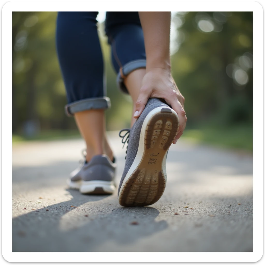 realistic 4K woman in casual clothing walking outdoors, stopping to massage foot with visible insole in shoe, showing discomfort sticker