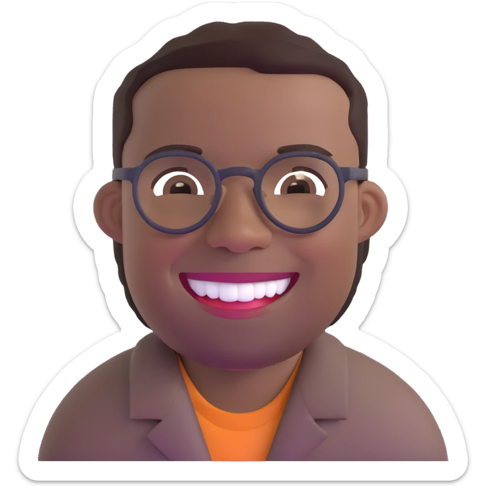 smiling black man with glasses, big teeth, standard male haircut, rural farmer, oval face sticker