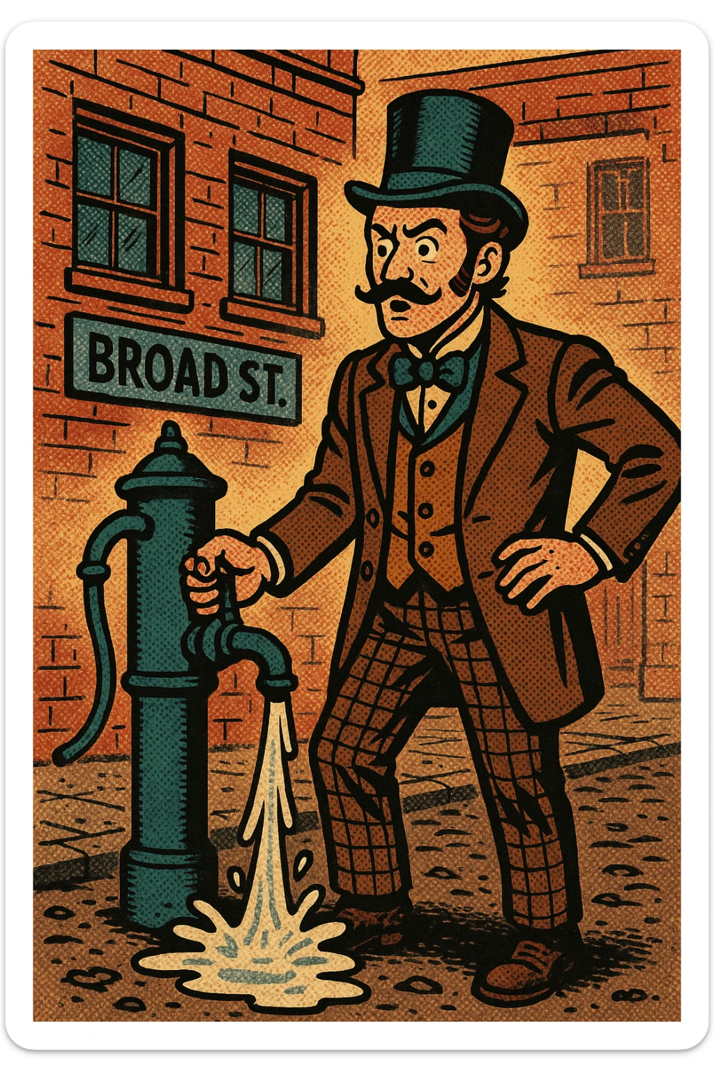 A victorian man standing on a dirty london street called Broad Street standing next to a broken water pump sticker