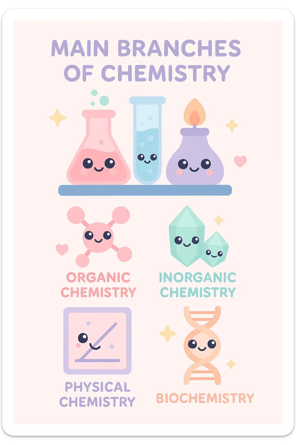 A creative and unique poster about the main branches of chemistry. The poster should have a central theme that ties all the branches together, such as a laboratory setup: Organic Chemistry, Inorganic Chemistry, Physical Chemistry, Analytical Chemistry, and Biochemistry. Include icons and illustrations for each branch, such as molecular structures for Organic Chemistry, crystals or minerals for Inorganic Chemistry, graphs or equations for Physical Chemistry, laboratory equipment for Analytical Chemistry, and DNA strands or biological molecules for Biochemistry. Use a vibrant and cohesive color scheme with different colors for each branch. The layout should be clean and organized with clear headings and concise descriptions. sticker