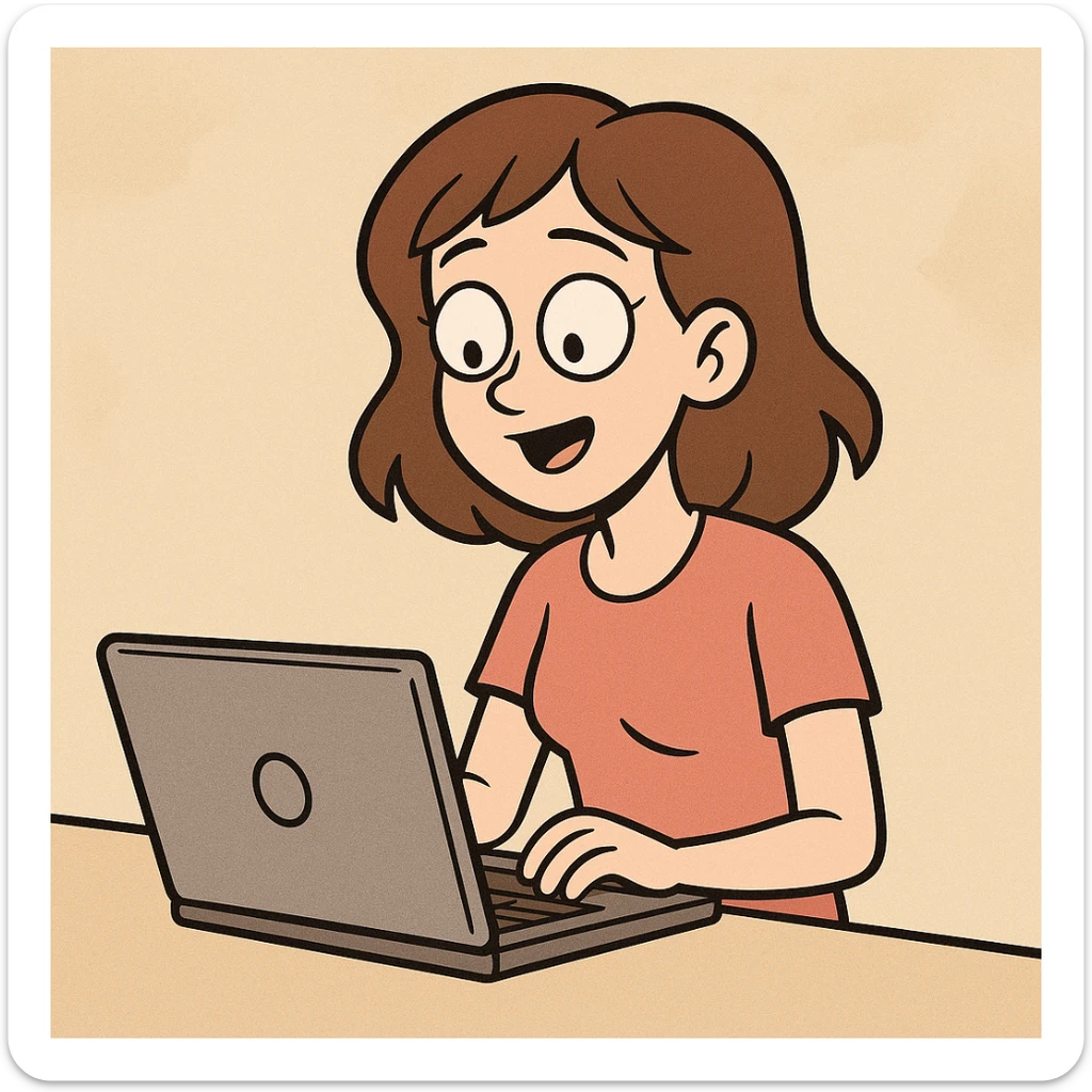 white girl with brown hair using a laptop, cartoon style, flat toon sticker