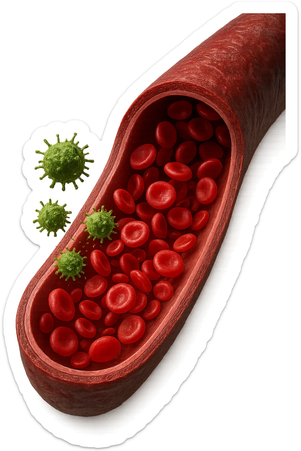 tossine che entrano in una vena umana anatomica realistica, vista dall'alto, iperrealistica 4k sticker