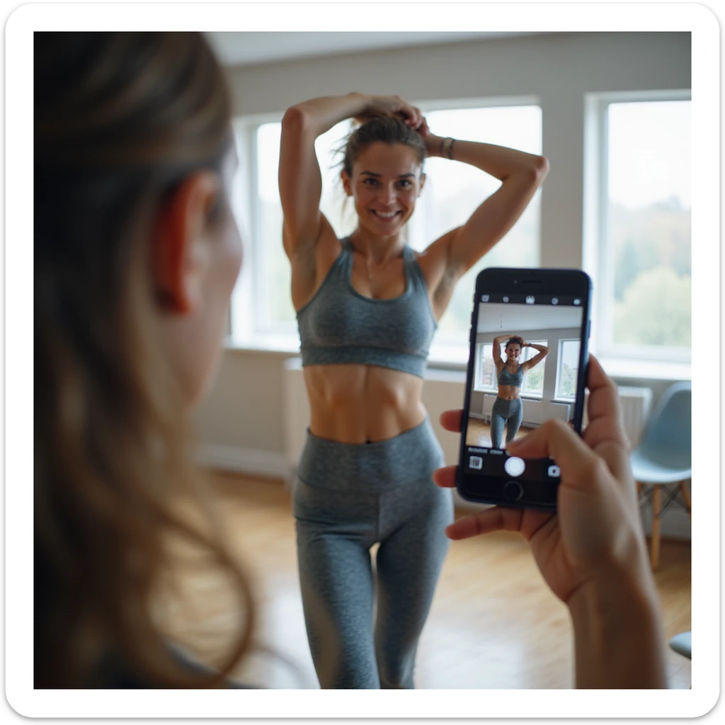young woman in fitness clothing, side pose with raised arms, recording video check for coach with smartphone, bright and tidy environment, hyperrealistic details, 4K sticker