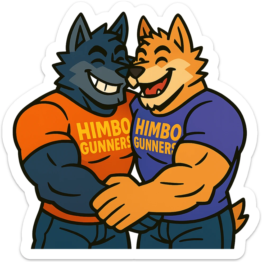 two very muscular wolf furry characters wearing t-shirts with 'Himbo gunners', hugging, big smiles, playful and affectionate sticker