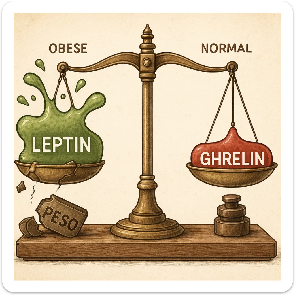 endocrinology diagram of a balance scale with leptin in green and ghrelin in red; obese side with overflowing leptin, scale blocked, broken weights labeled 'Peso'; normal weight side with balanced scale; medical illustration, detailed, 4K resolution sticker