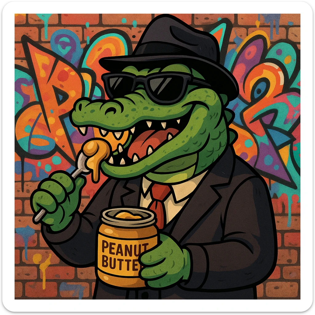 gangster alligator eating peanut butter, cartoon style, sunglasses, graffiti background sticker
