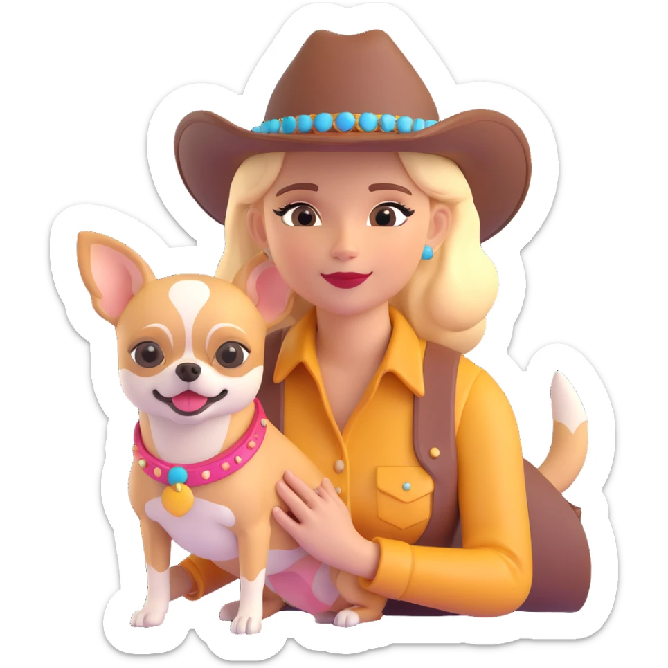 femme cowboy avec son chihuahua, chapeau brillant sticker