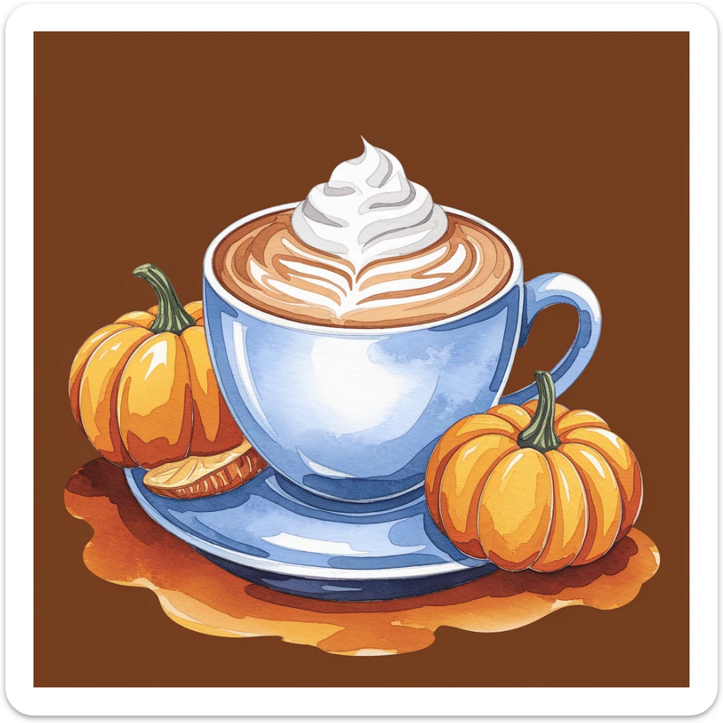 coffee latte art seamless background, pumpkin spice latte, creamy brown and orange tones, cozy autumn café vibe, watercolor effect sticker