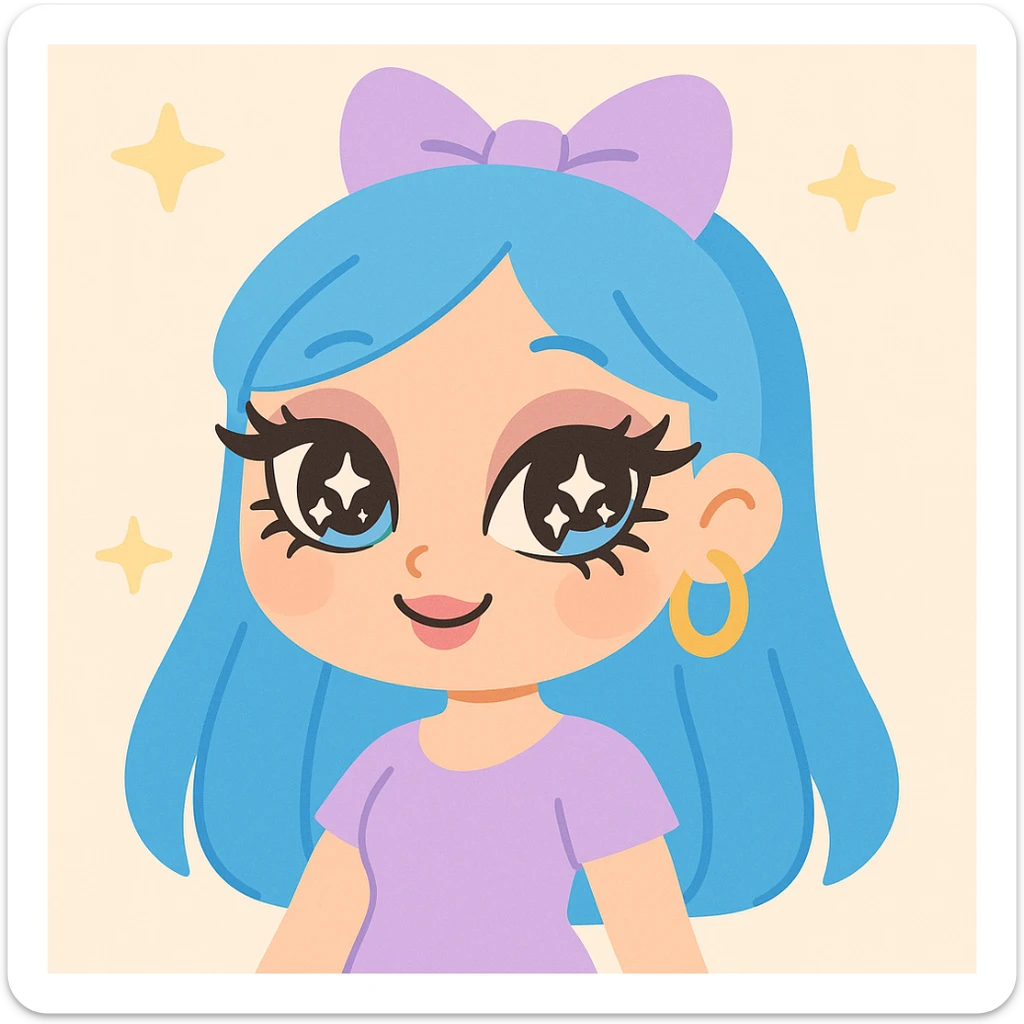 gyaru style girl with blue hair, dramatic makeup, bratz doll inspired, vibrant and cute anime style sticker