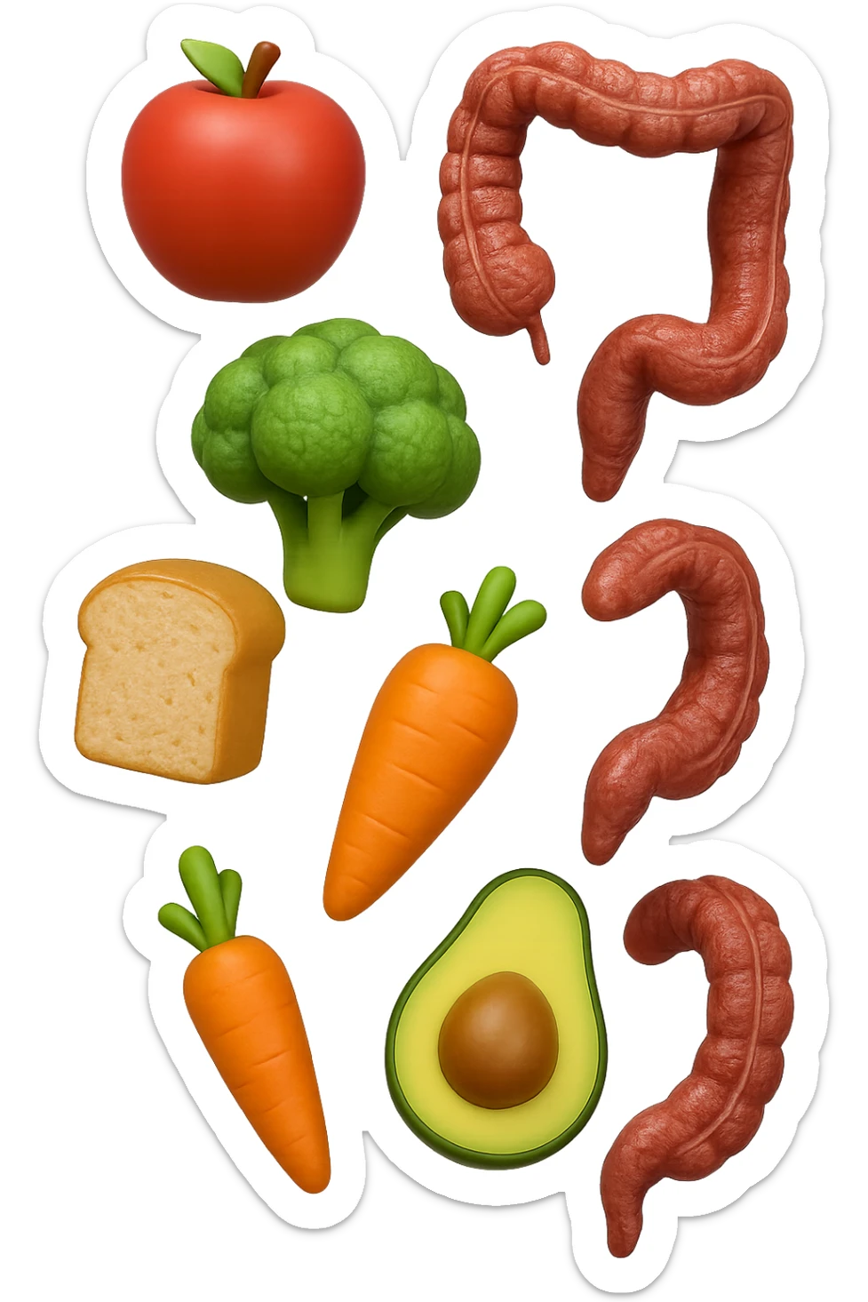 emoji stile iphone in 3d di cibo sano che fluttua in aria vericalmente insieme a pezzi di colon umano anatomico, iperrealistico 4k sticker