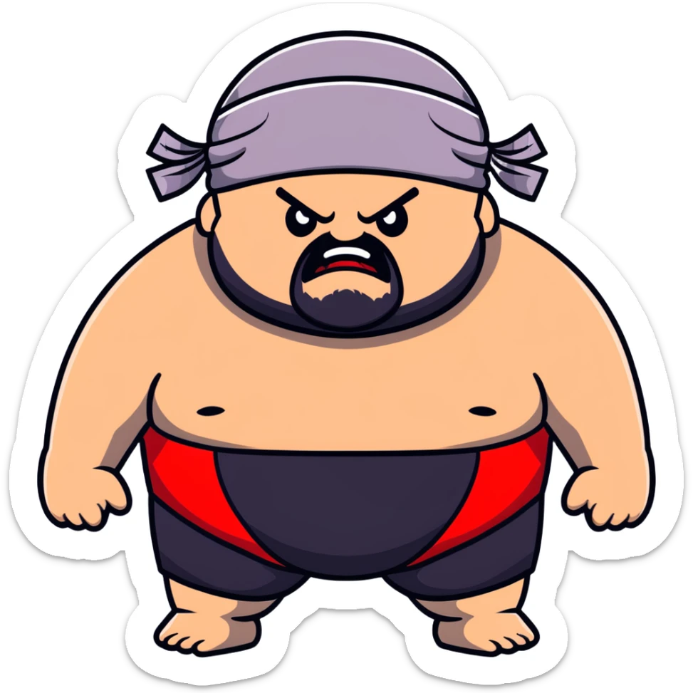 Extreme close-up of face of morbidly obese white skin guy with young face, prominent BLACK DURAG tied clearly on head, black beard but no mustache, clean shaven upper lip, black eyes in a red and black wrestling singlet with angry expression sticker