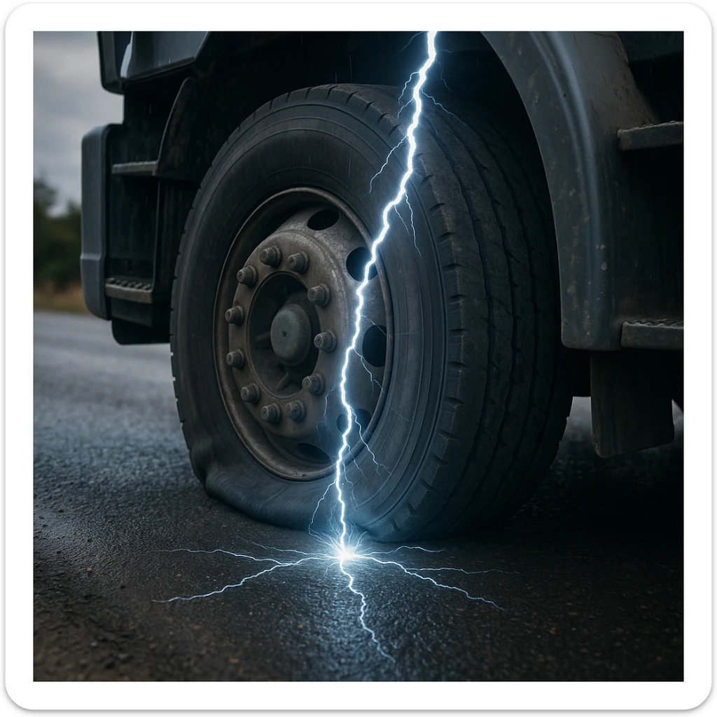 a close-up of a deflated semi tire on a road with a lightning bolt hitting it, realistic style sticker