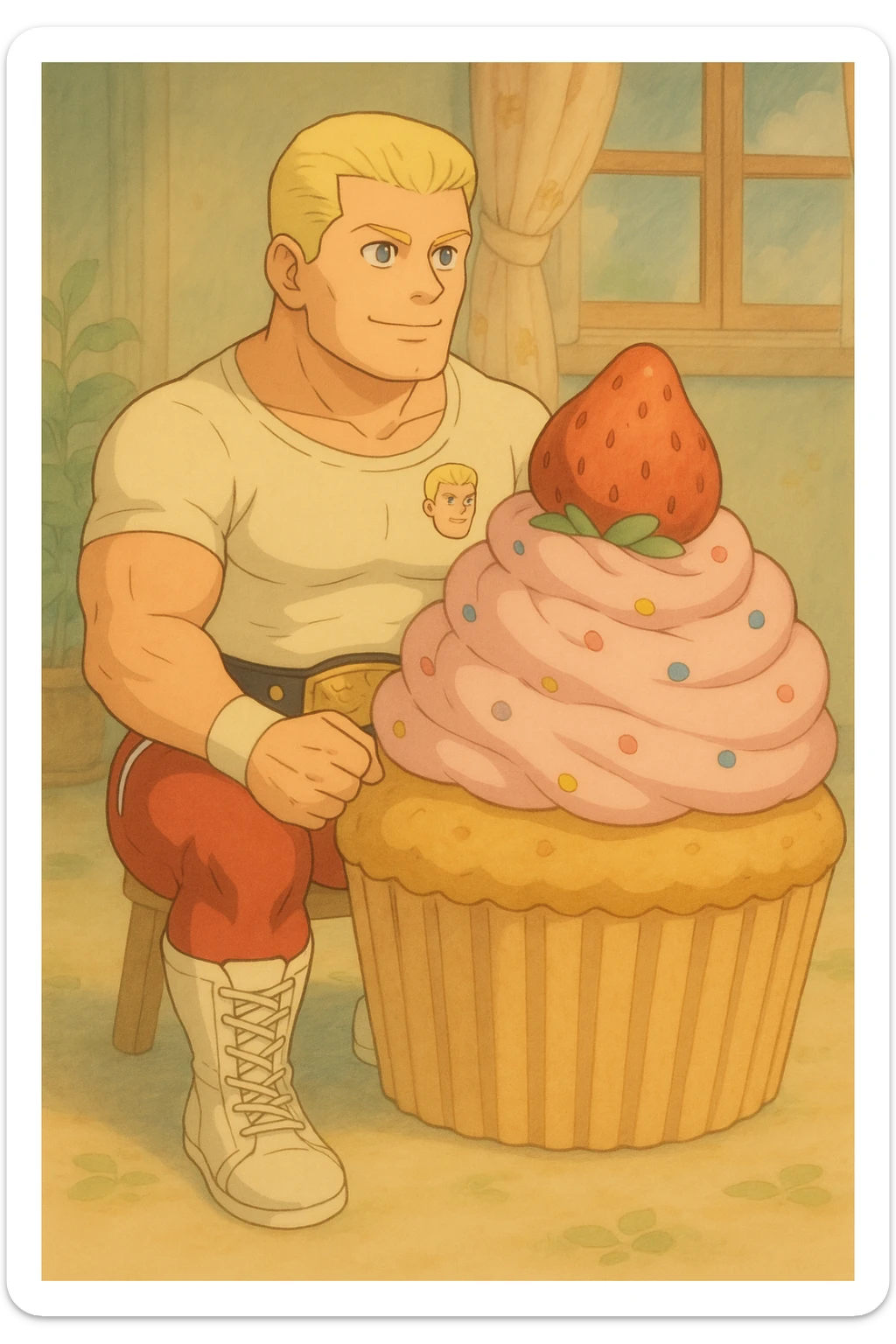 Add a wrestling belt to Cody Rhodes as he sits on the cupcake in Ghibli style. sticker