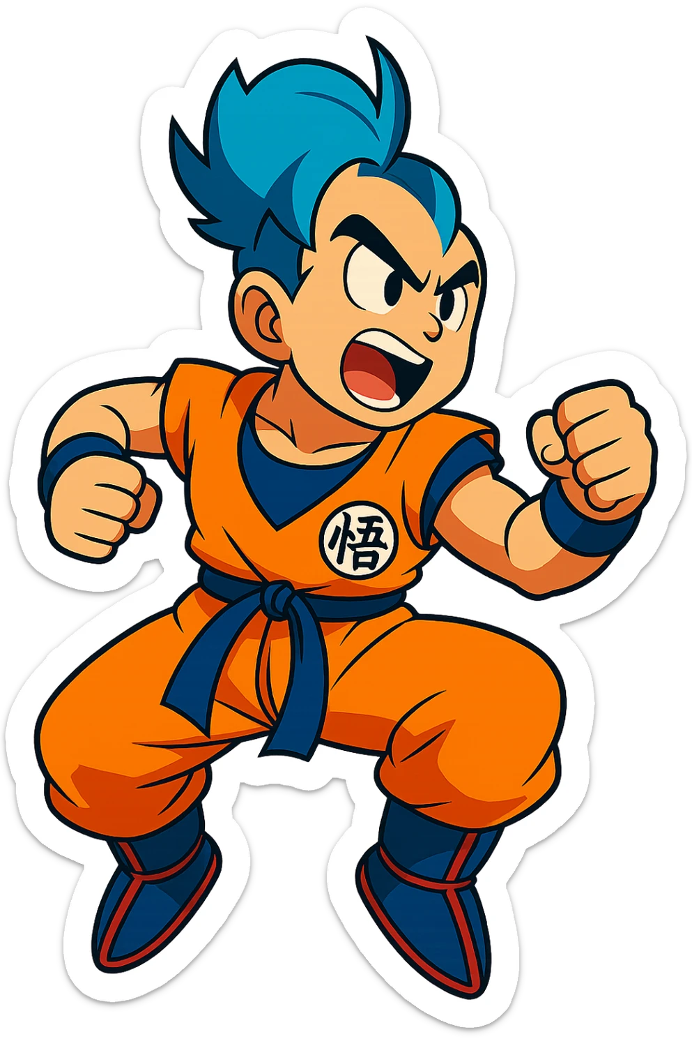 Edit the image of Goku to have only one strand of blue hair, in a dynamic pose with vibrant colors. Remove the background to be transparent. Maintain a style suitable for editing with text support. sticker