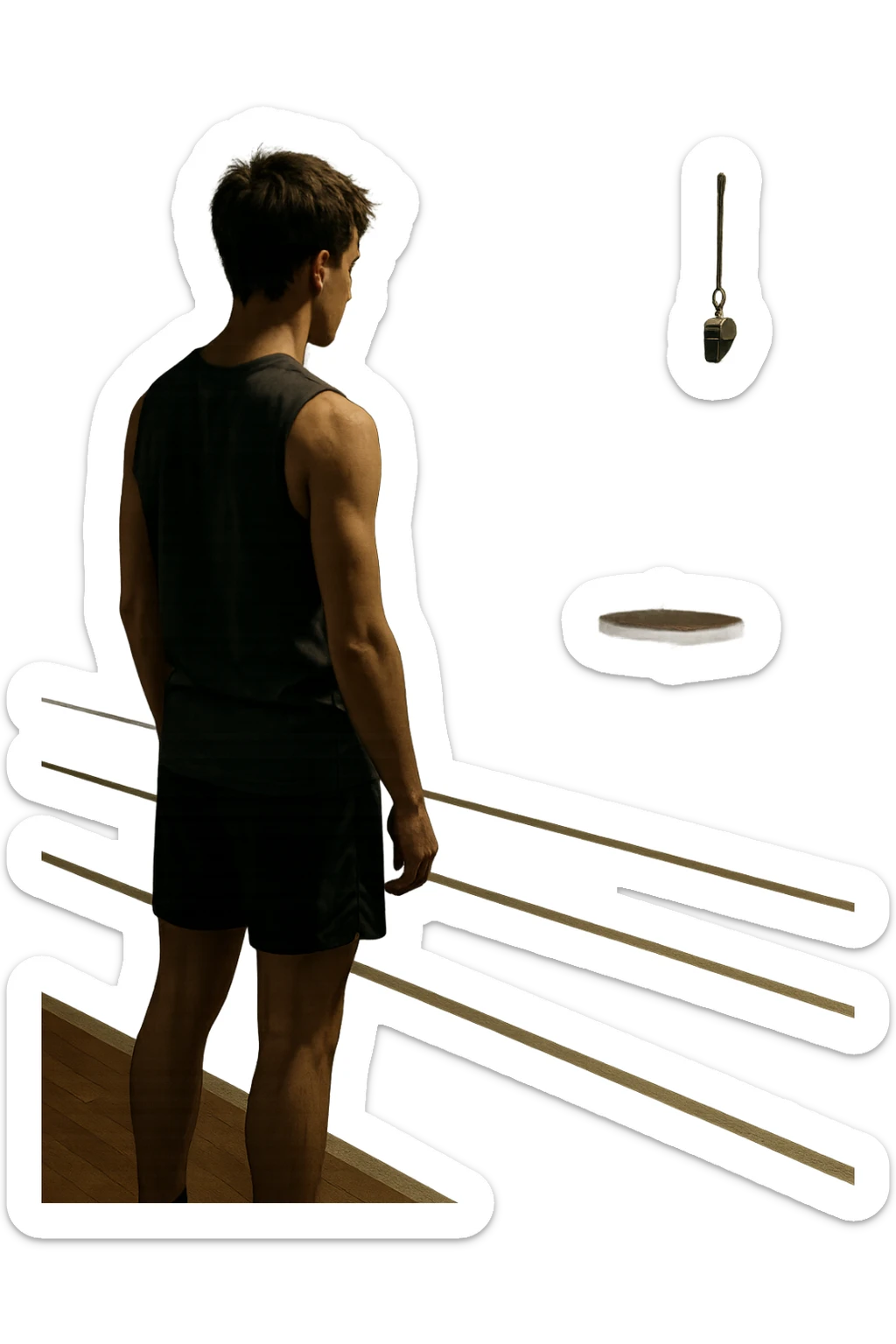 cinematic a person stands alone on a running track or in a fitness studio, glancing toward an empty coach’s chair or whistle hanging on a hook. The absence of the coach is emphasized by a faint, transparent silhouette or shadow where the coach should be. The atmosphere is quiet and a bit disheartened. in italiano sticker