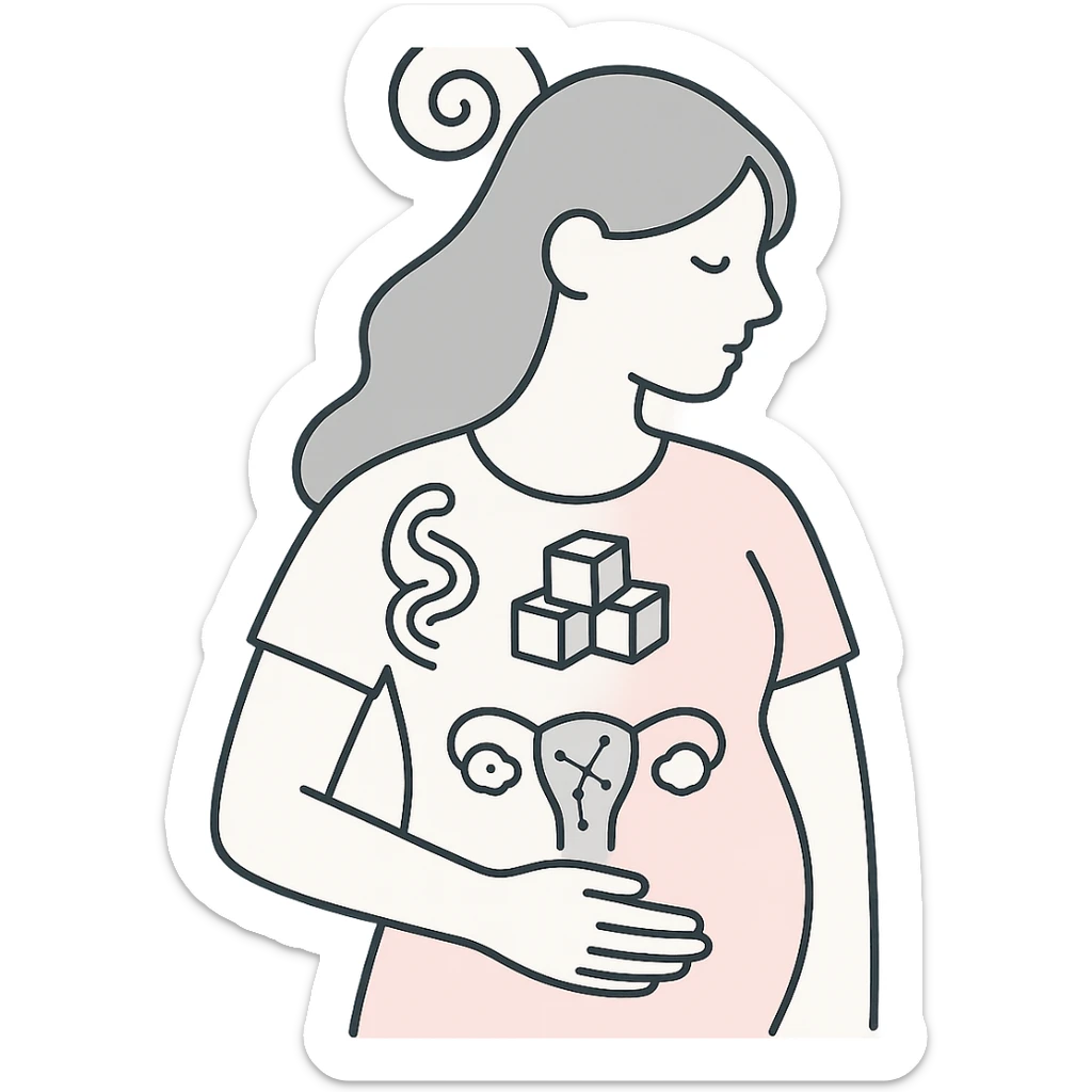 pastel minimalist illustration of a woman's outline filled with abstract PCOS signs including spiraling hair, sugar cubes, constellation-shaped ovaries, clean medical style sticker