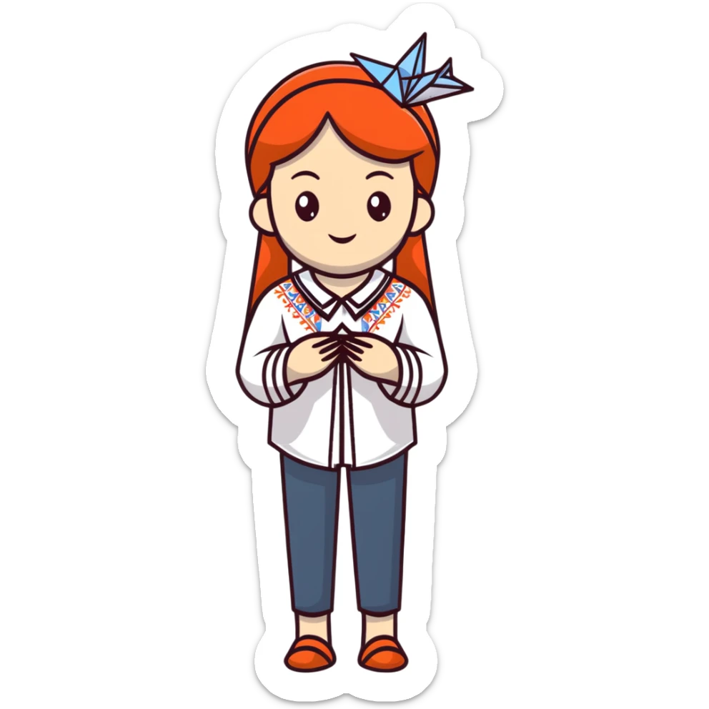 Ukrainian young girl in a white embroidered traditional shirt (vyshyvanka) holding origami paper crane sticker