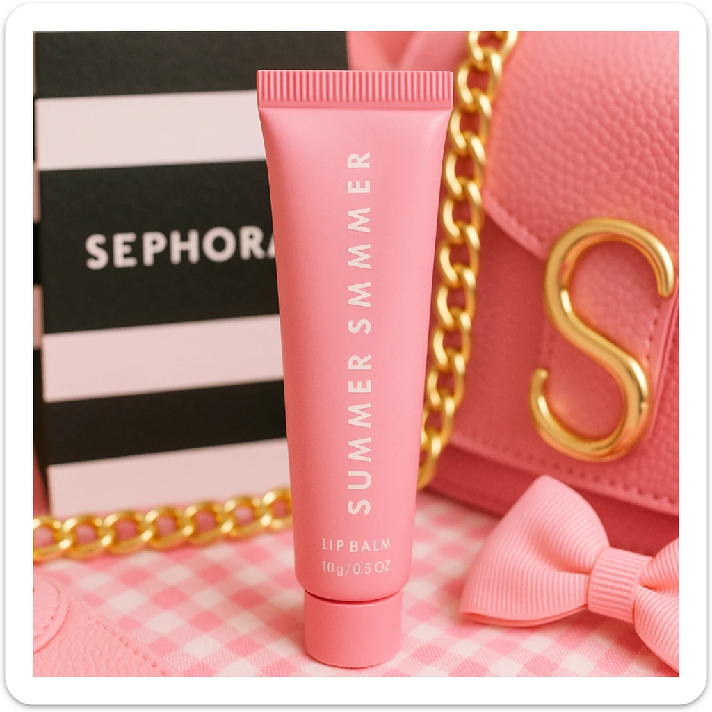 Close-up of a pink lip balm tube labeled 'Summer Fridays', with a Sephora bag and preppy pink accessories around it, bright and playful aesthetic sticker