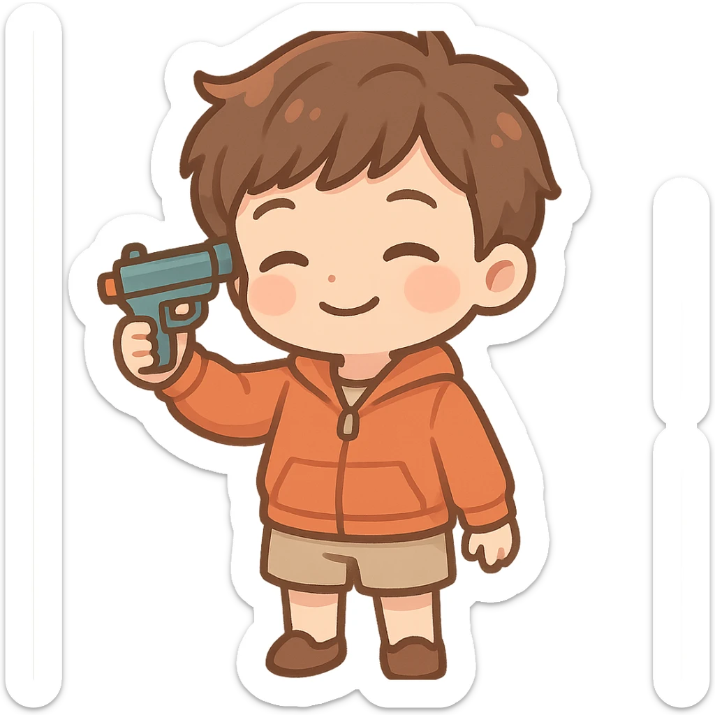 Young boy in shorts and an orange jacket with a gun to his own head, smiling sticker