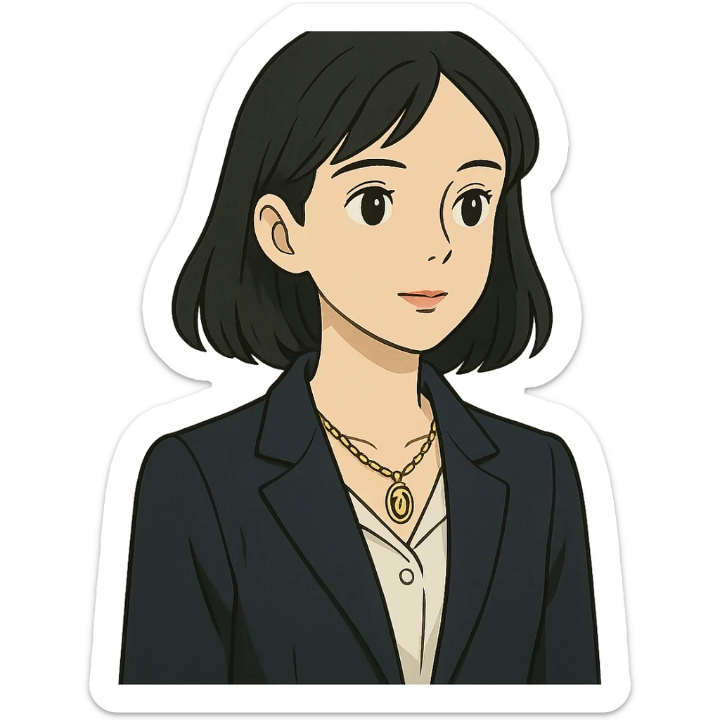ghibli style college girl with black hair, white skin, wearing a Cartier necklace, old money luxury vibe sticker