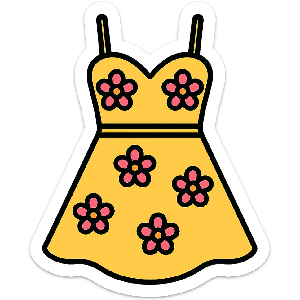 Make the dress butter yellow with thin straps, keep the color outline icon style, playful and modern, no background. sticker