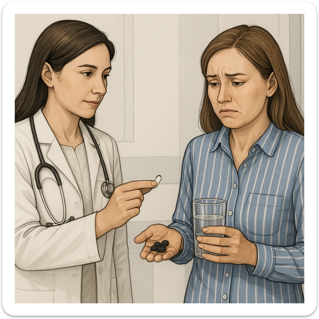 A realistic or illustrative style image of a doctor in a white coat handing medicine to a woman with symptoms. The woman holds pills and a glass of water, with a suffering or worried expression. The background is clinical, inspired by the reference image. sticker