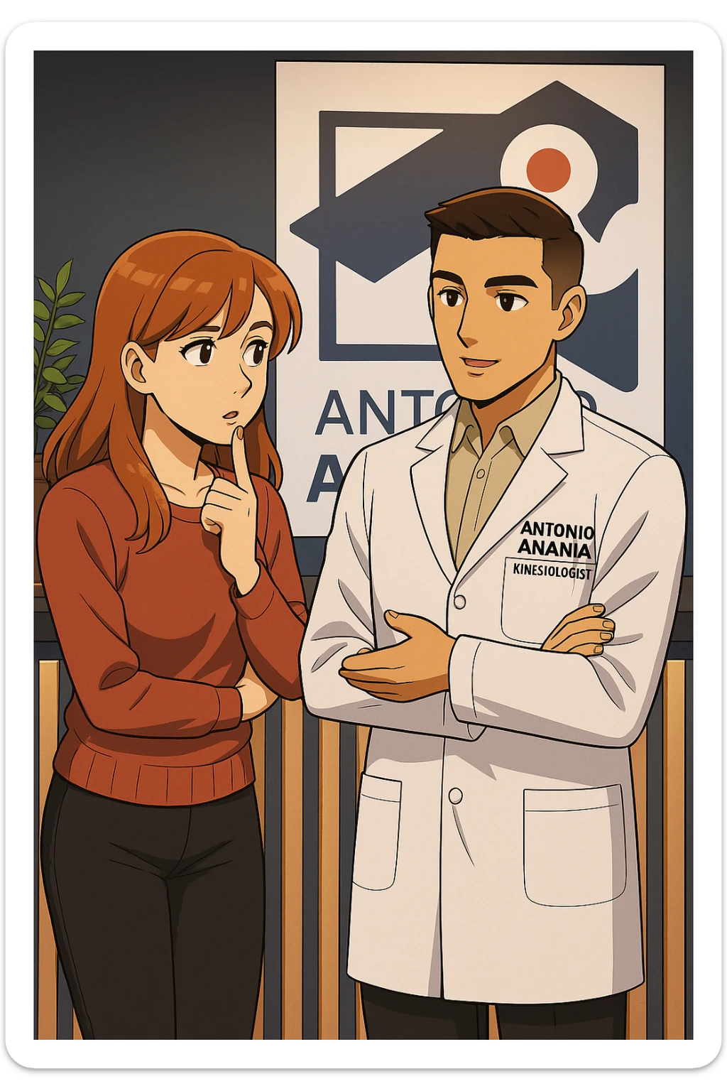 su questo stile fai un manga/webtoon a colori in cui una donna SI TOCCA IL MENTO MENTRE FA UNA DOMANDA ALL'UOMO, l'uomo della foto in stile manga LE SPIEGA CHE DEVE PROVARE LA SUA VALUTAZIONE MEDICA, mantieni un ambiente simile alla foto che ho allegato con il suo logo (sarebbe il suo studio, lui è un kinesiologo), scrivigli "ANTONIO ANANIA" sul camice bianco, non mettere fumetti, ma fai in modo che sembri che la donna CHIEDA E  l'uomo RISPONDA sticker